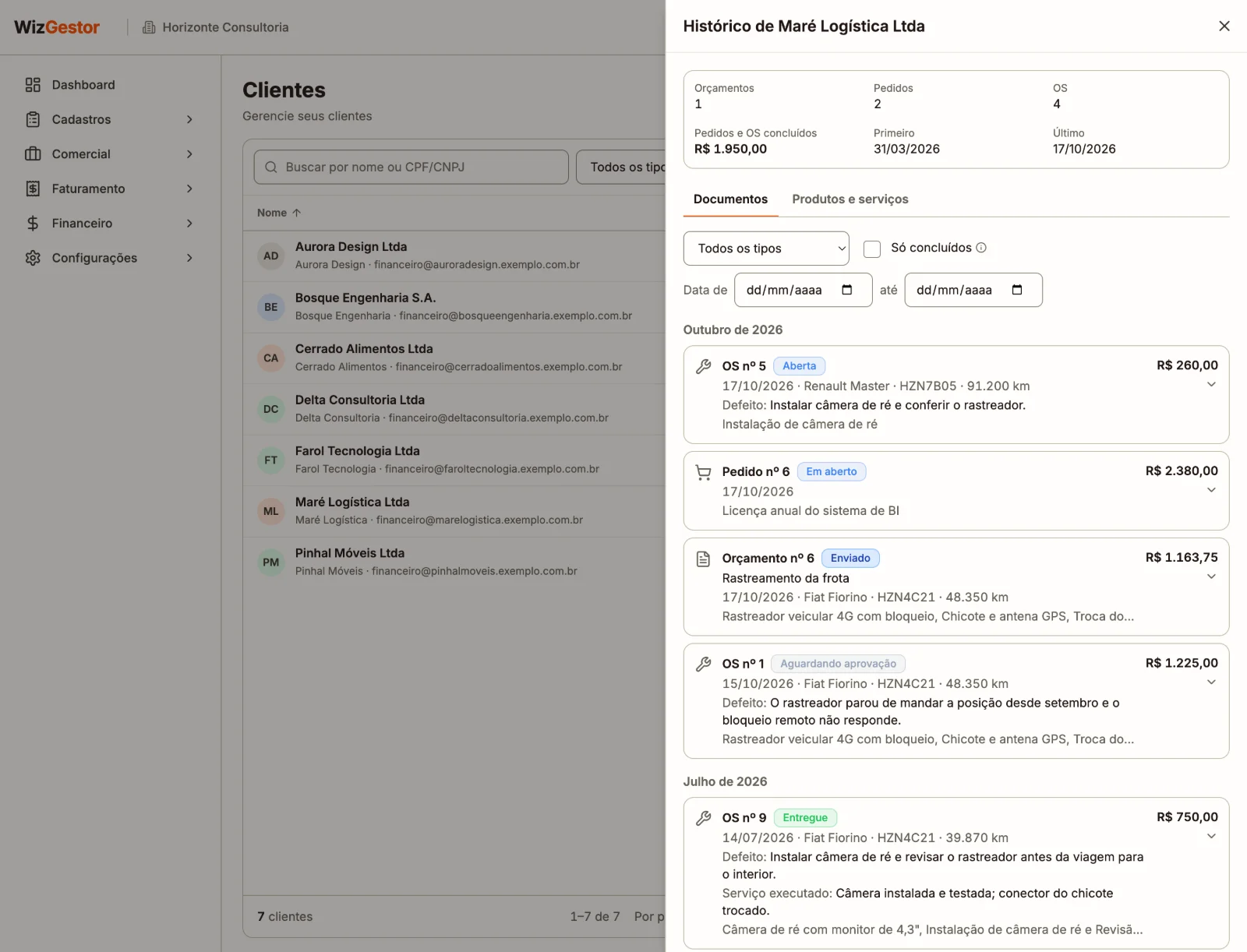 Histórico do cliente aberto por cima da tela: no topo, quantos orçamentos, pedidos e OS ele tem, o valor dos pedidos e das OS concluídos e as datas do primeiro e do último; na aba Documentos, os filtros e os documentos por mês, do mais novo para o mais antigo, com a situação, a data, o veículo, o defeito e o valor
