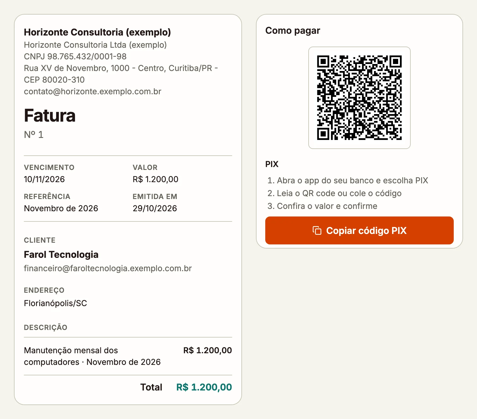 Fatura do cliente com a marca da empresa, o valor, o vencimento, o QR Code do Pix e o botão Copiar código Pix