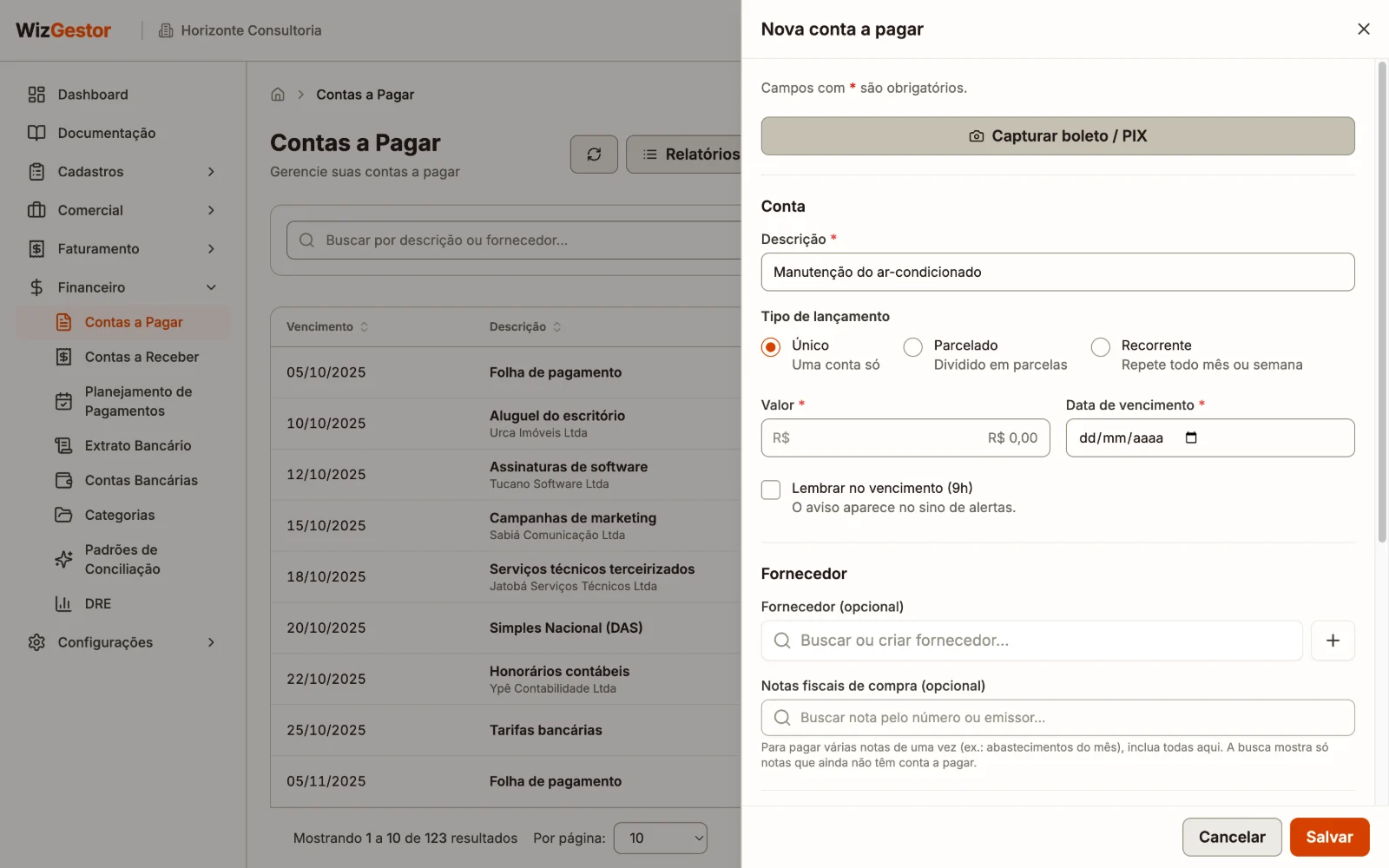 Formulário de nova conta a pagar com o botão Capturar boleto / PIX, fornecedor, valor e vencimento