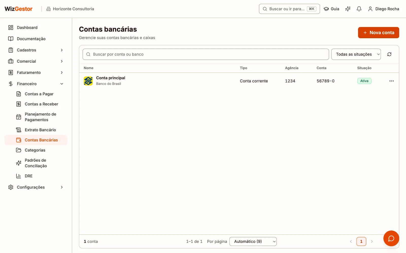 Lista de contas bancárias com nome, banco, tipo, integração e saldo