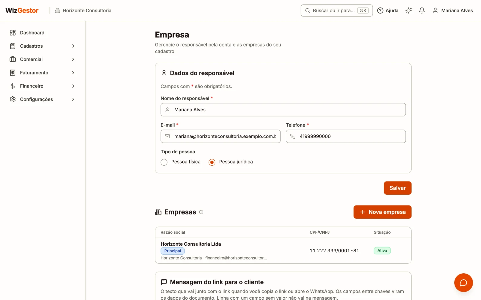 Tela Empresa com os dados do responsável pela conta e a lista de empresas cadastradas