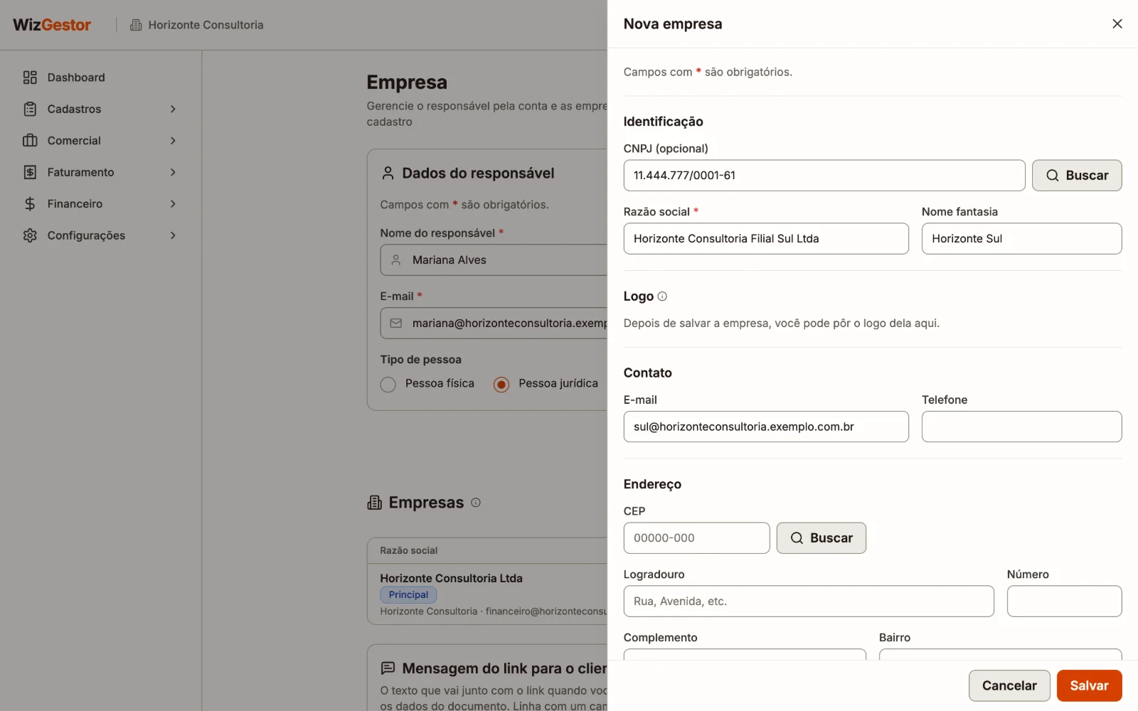 Formulário de nova empresa com CNPJ, razão social, nome fantasia e e-mail preenchidos