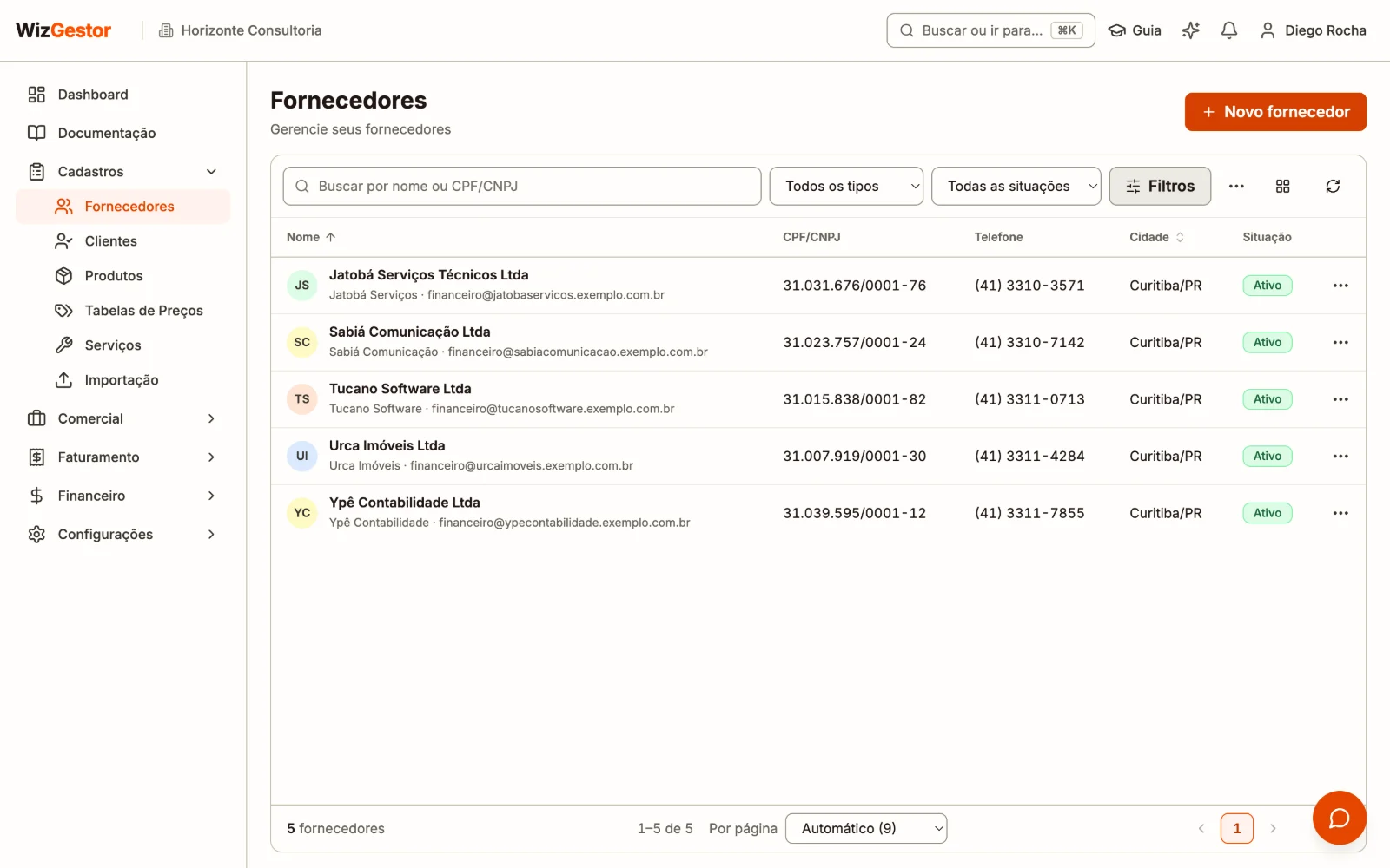 Lista de fornecedores com tipo, documento, nome, cidade e status