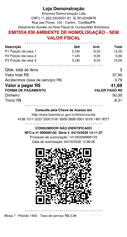 Cupom fiscal de exemplo com três itens, taxa de serviço, pagamento em dinheiro com troco, chave de acesso, consumidor não identificado e QR Code