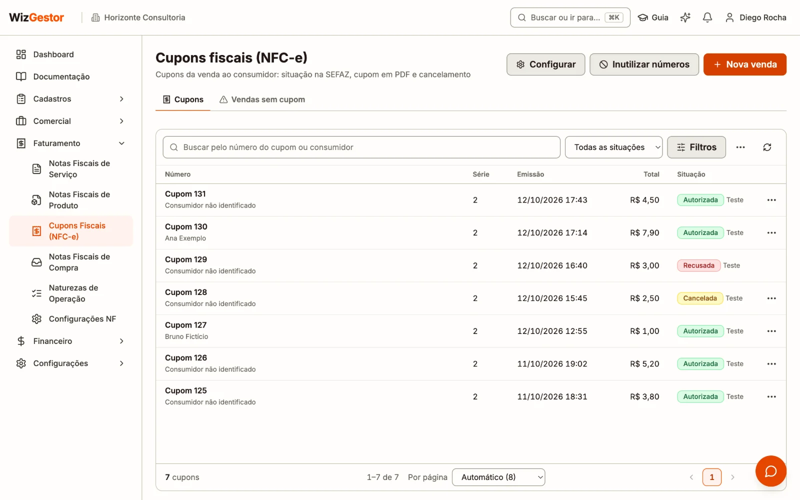 Tela Cupons Fiscais com a busca, o filtro de situação e a lista de cupons com número, série, data, consumidor, total e situação
