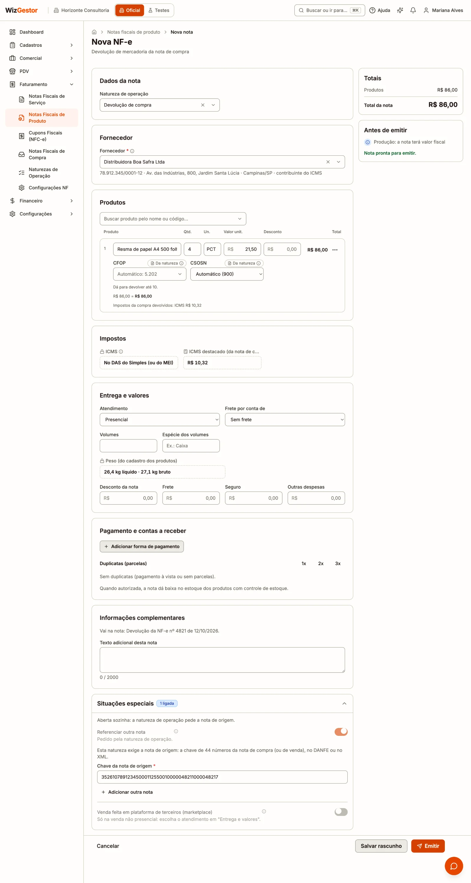 Nova NF-e de devolução de compra com o fornecedor, o item com a quantidade que dá para devolver e a chave da nota de compra em Situações especiais