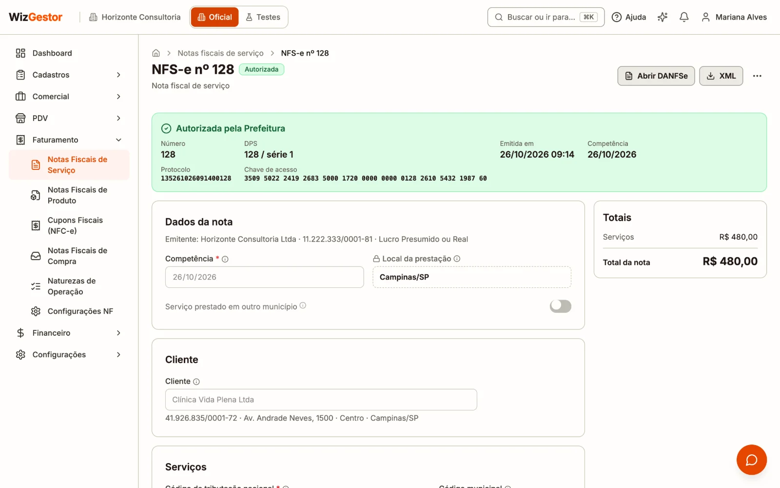 Ficha da NFS-e autorizada com número, protocolo, chave de acesso, Abrir DANFSe e XML