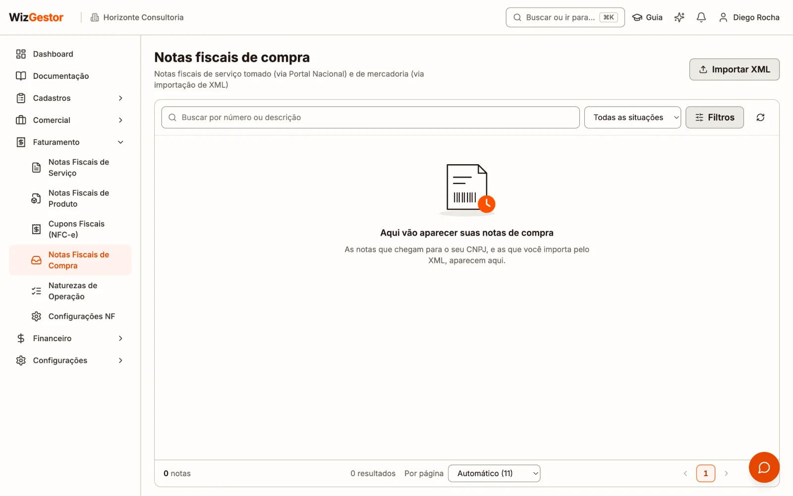 Lista de notas fiscais de compra recebidas de fornecedores