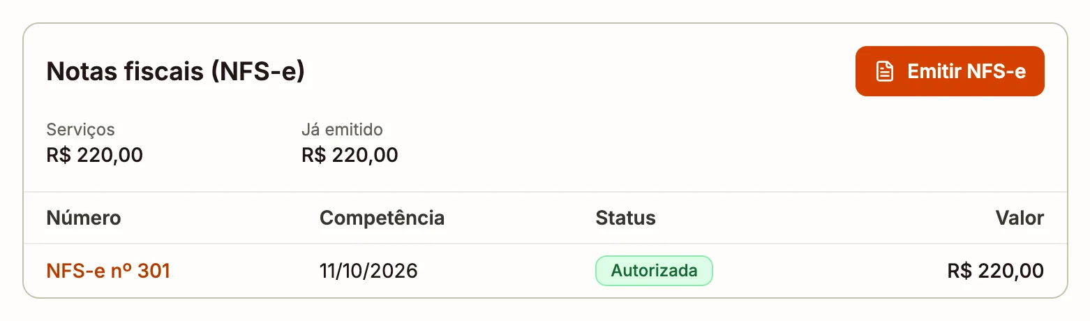 Seção Notas fiscais da ordem de serviço com o valor dos serviços, o valor já emitido e a nota autorizada