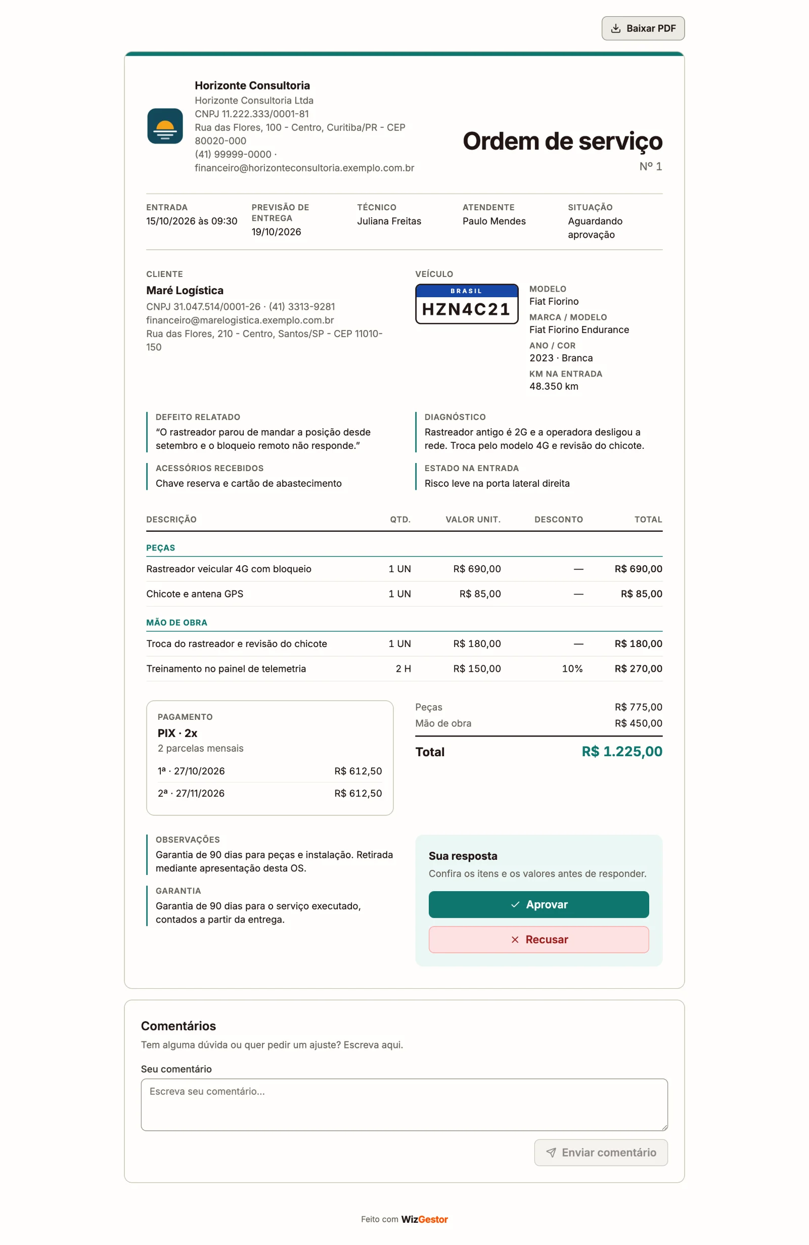 Link de aprovação da ordem de serviço como o cliente vê, com a cara do PDF: o logo e os dados da empresa; a faixa com entrada, previsão de entrega, técnico, atendente e situação; o cliente e o veículo com o selo da placa; defeito, diagnóstico, acessórios e estado na entrada; as peças e a mão de obra; o pagamento e o total; as observações e a garantia ao lado de Sua resposta, com Aprovar e Recusar