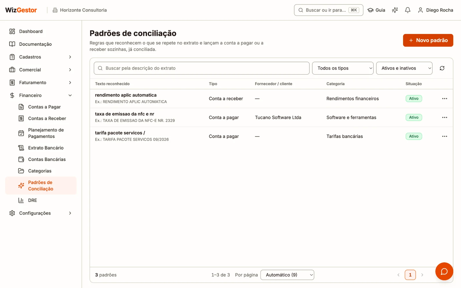 Lista de padrões de conciliação com descrição reconhecida, tipo, fornecedor, categoria e aplicações