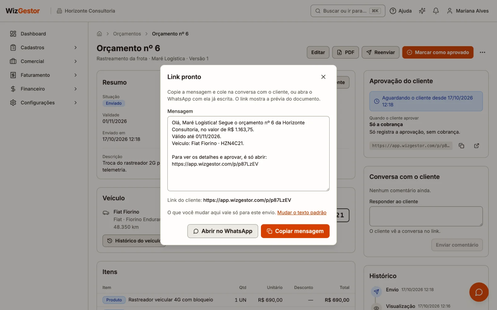 Janela Link pronto com a mensagem para o cliente já escrita, com o número, o valor, o veículo e o link curto, e os botões Abrir no WhatsApp e Copiar mensagem