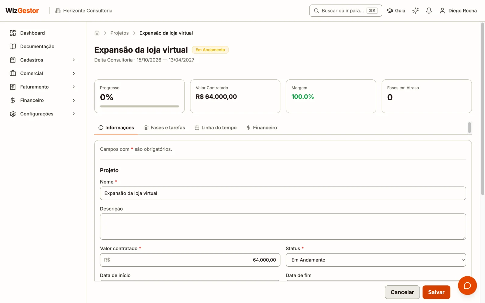 Página do projeto com o resumo financeiro: contratado, recebido, pago, saldo e margem