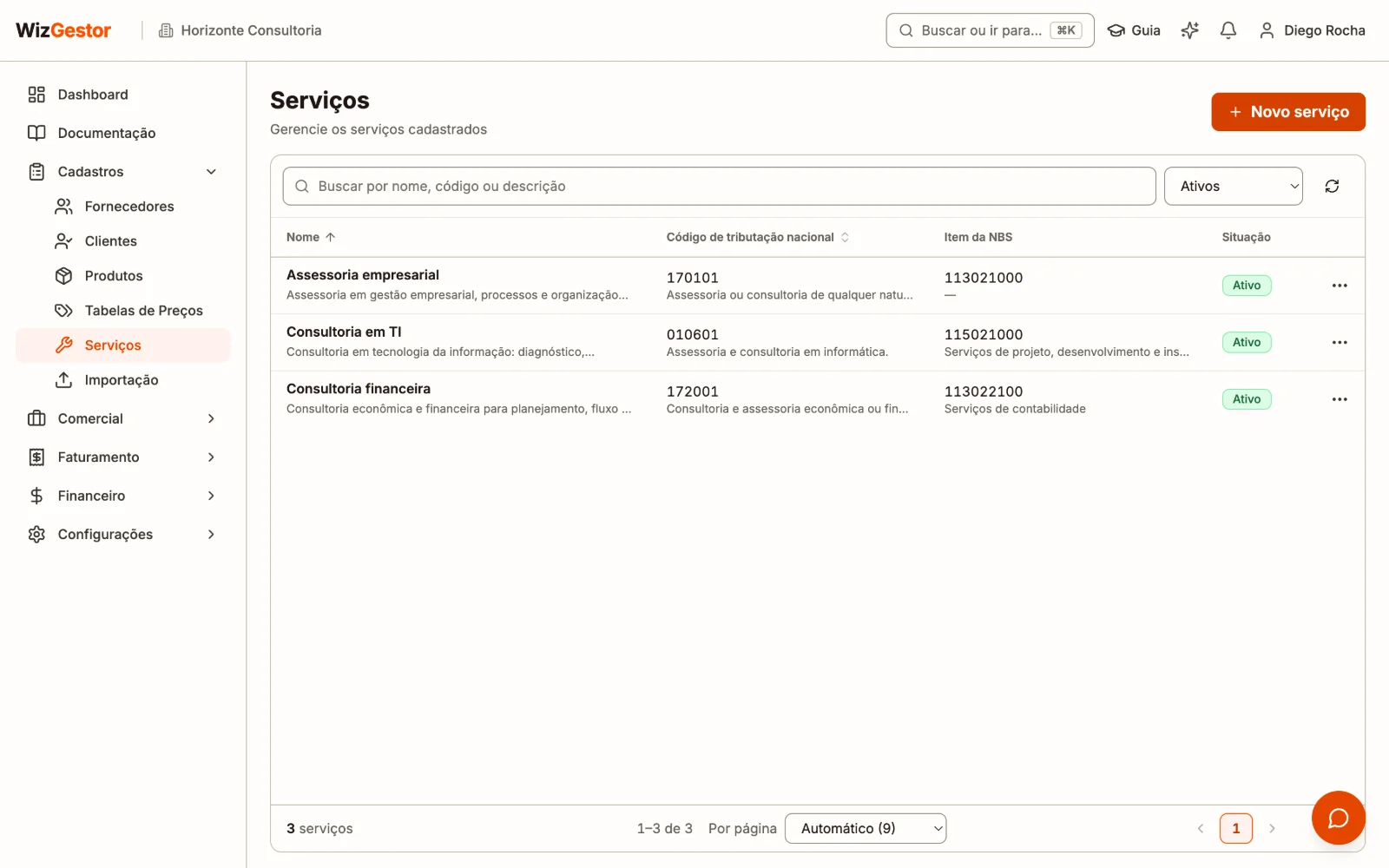 Lista de serviços com nome, código de tributação nacional e item da NBS