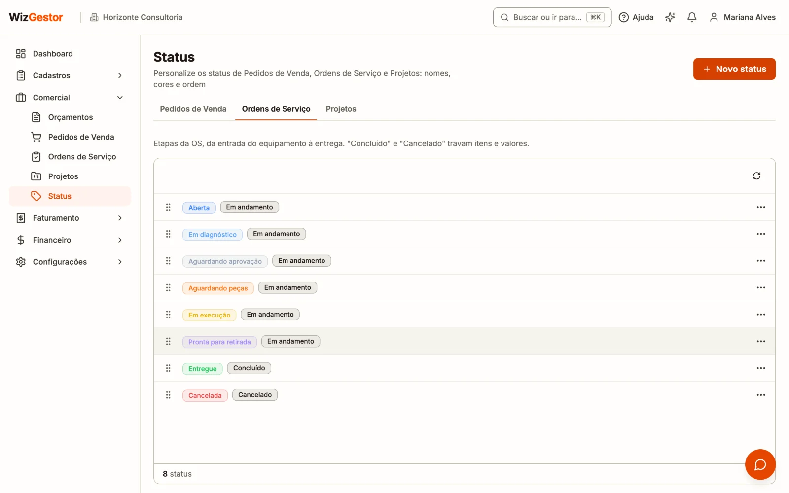 Tela de status com as abas Pedidos de Venda, Ordens de Serviço e Projetos e a lista de status da OS