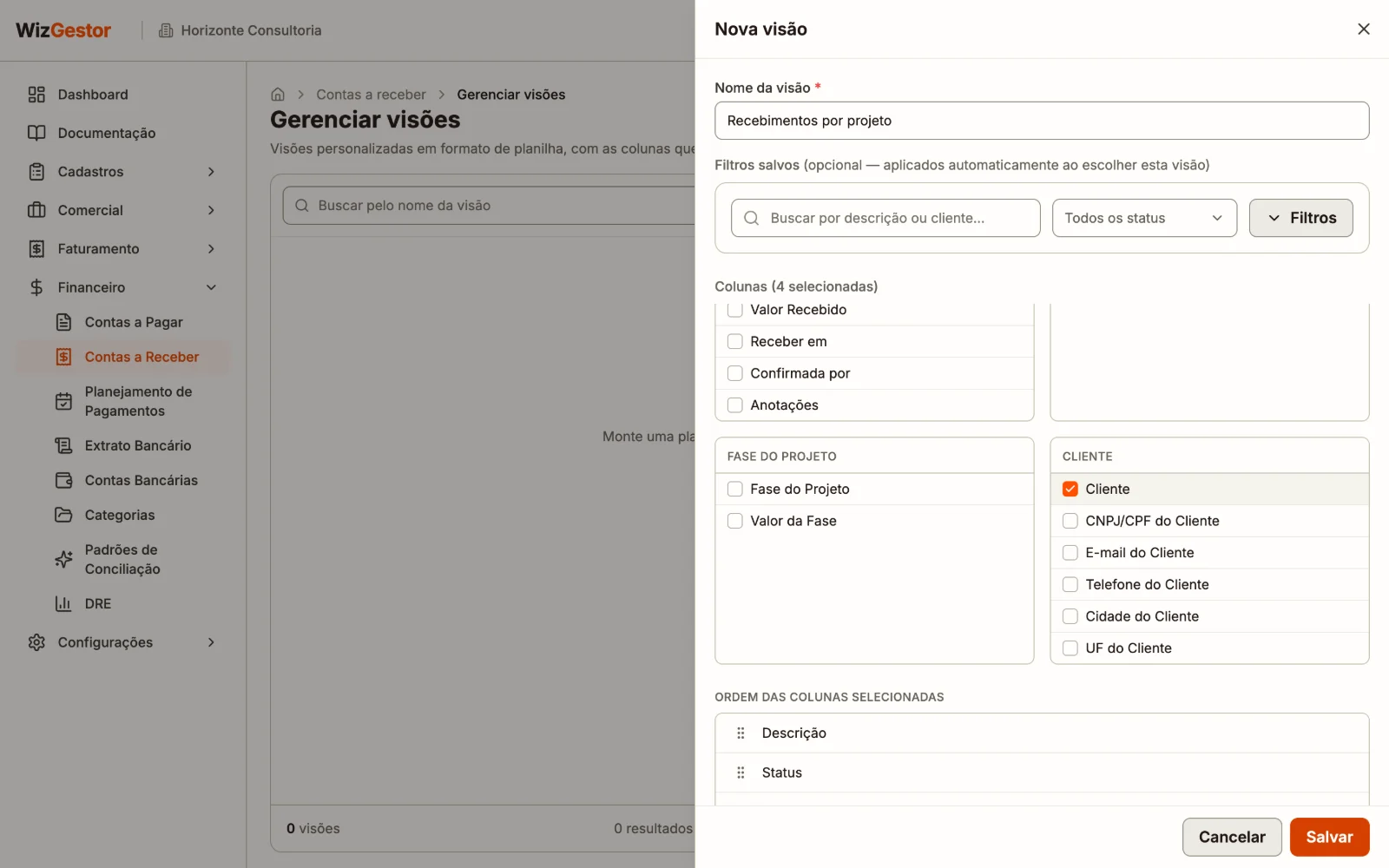 Criação de uma visão personalizada de contas a receber, com o nome e as colunas disponíveis