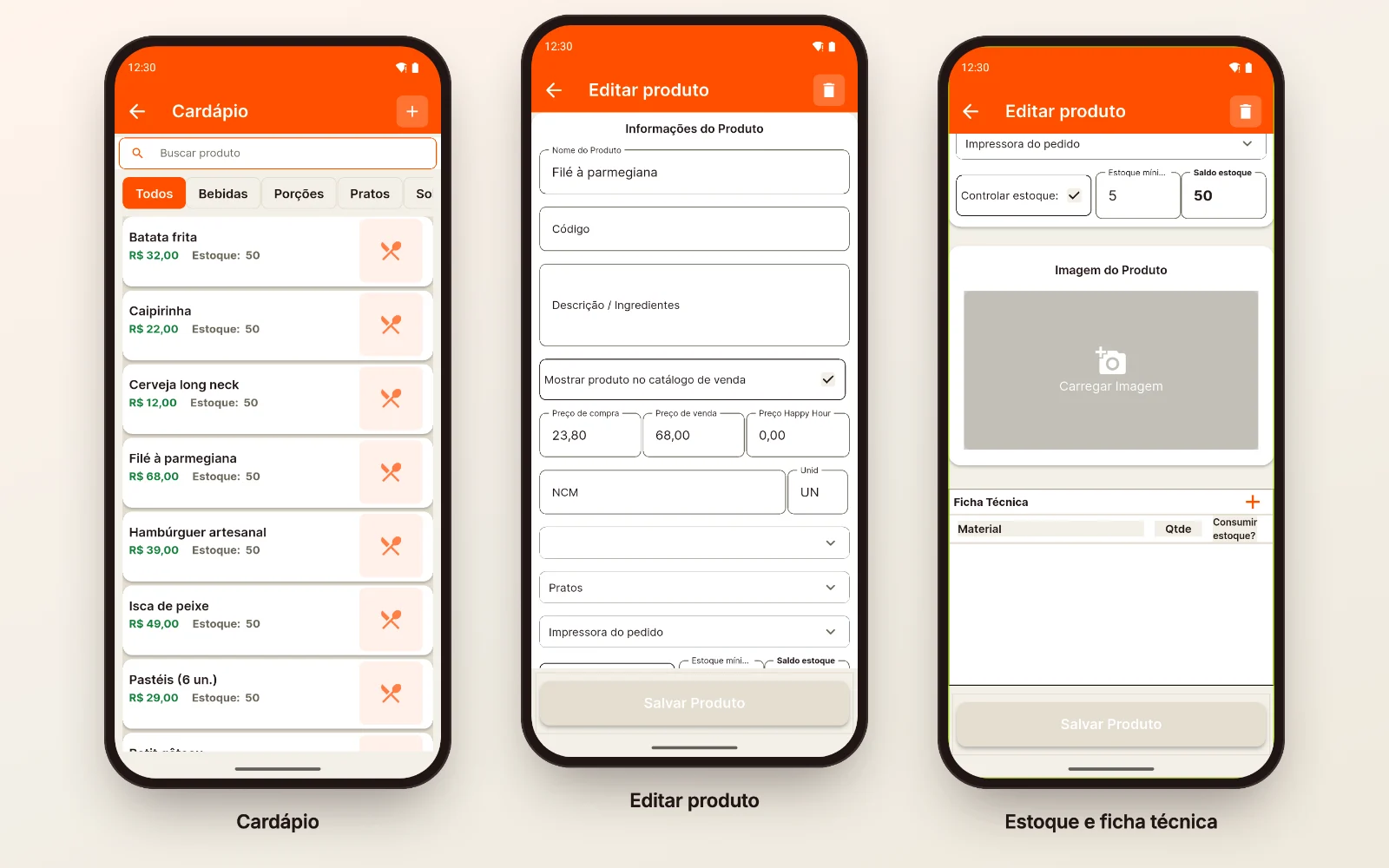 Três telas do WizPDV: o cardápio com preço e estoque de cada produto, o cadastro de um prato com preços, categoria e impressora, e o controle de estoque com a ficha técnica