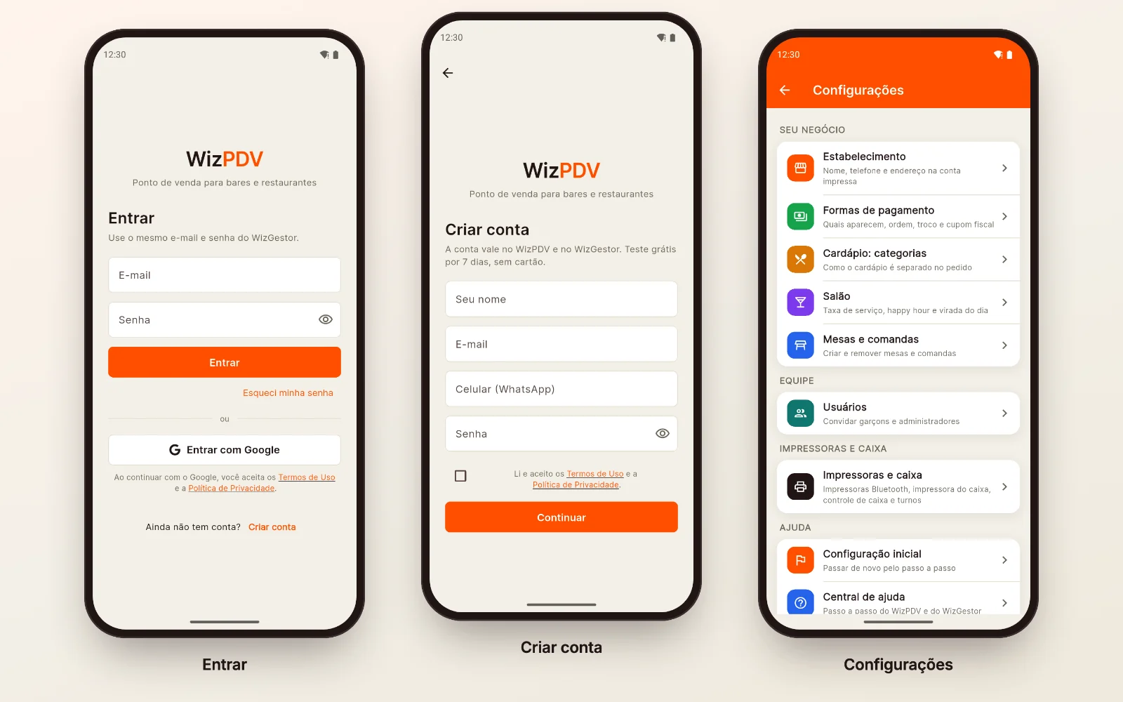 Três telas do WizPDV no celular: Entrar, com e-mail, senha e Entrar com Google; Criar conta, com nome, e-mail, celular e senha; e o menu Configurações do app